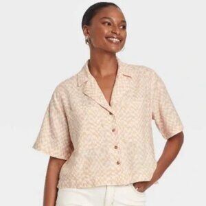 Universal Thread Cropped Boxy Checked Linen Button Down Shirt Size XL
